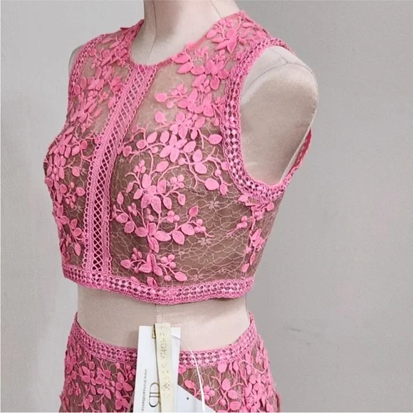 NWOT Bronx and Banco Megan lace floral pink nude two piece set top midi skirt - Picture 7 of 11